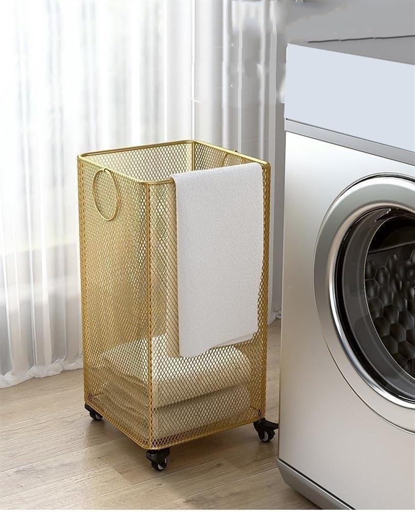 Square Rolling Hamper, Laundry Basket with Wheels and Handle, Metal Laundry Basket with 360° Wheels, Iron Construction and Ventilated Design, Laundry Room Storage Basket(Gold)