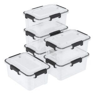 Eagrye 6-Pack 12 Qt Plastic Storage Box with Gasket Seal Lid, Durable Moving Containers with Tight Latch, Weather Proof Tote Bin, Clear/Black