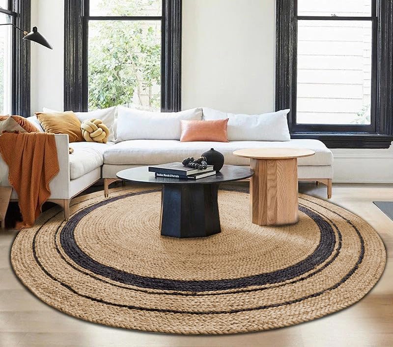 Generic Natural Round Jute Area Rug 1'x1'/ 3'x3'/ 4'x4' / 5'x5'/ 6'x6' / FT for Bedroom- Handwoven Farmhouse Round Rug for Dining Table- Braided Circle Rug for Living Room (Black, 3' x 3' Feet)