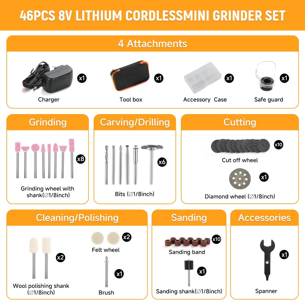 Hoteche Mini Cordless Rotary Tool Kit 5-Speed 8V Li-ion Battery with 42 Accessories - Precision Multi-Purpose Electric Rotary Tool for Grinding, Sanding, Cutting and Engraving