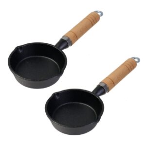 geesatis 2 pcs mini cast iron skillet small skillets frying pans for baked cookie, eggs, wooden handles