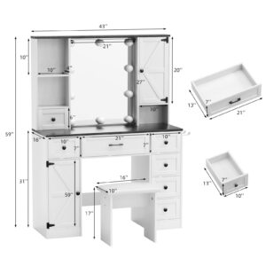 VOWNER Vanity with Lighted Mirror - Farmhouse Makeup Vanity Desk with 7 Drawers, 2 Cabinets and Outlet, 3 Color Lighting Modes Adjustable Brightness, Vanity Table with Stool for Bedroom, White & Black