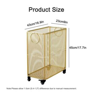 Square Rolling Hamper, Laundry Basket with Wheels and Handle, Metal Laundry Basket with 360° Wheels, Iron Construction and Ventilated Design, Laundry Room Storage Basket(Gold)