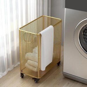 Square Rolling Hamper, Laundry Basket with Wheels and Handle, Metal Laundry Basket with 360° Wheels, Iron Construction and Ventilated Design, Laundry Room Storage Basket(Gold)