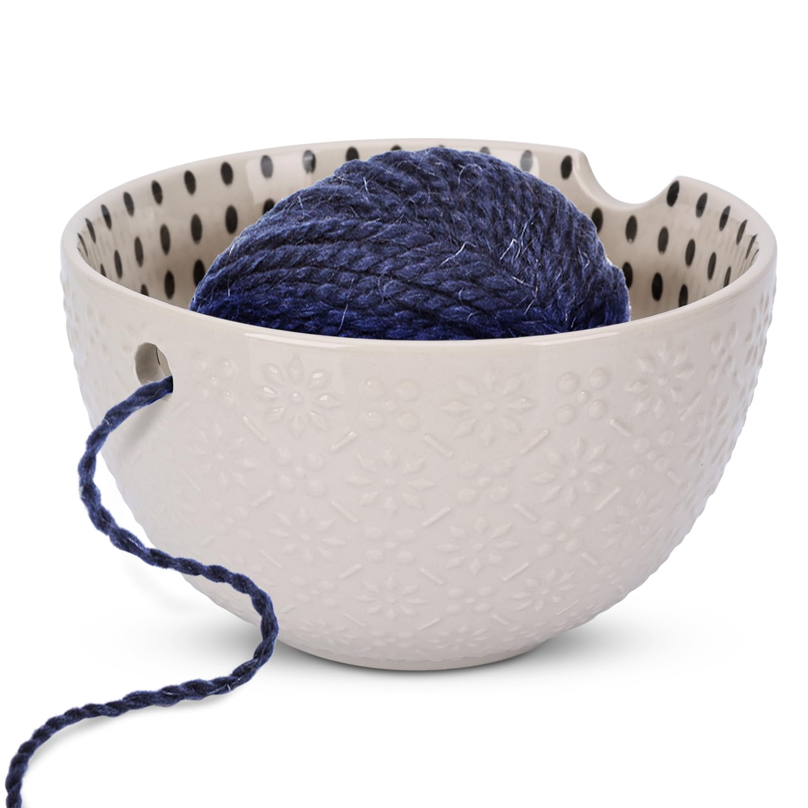 Ceramic Crochet Bowl,6in Larger Yarn Bowls,Large-Opening with Hand-Painted Patterns Decorations Yarn Holderfor Crochet Lovers,for Crochet Bulky Yarn/Acrylic Yarn, etc. (Craft Knit Bowl - Ivory)