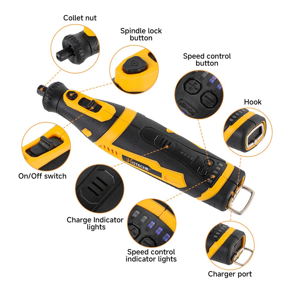 Hoteche Mini Cordless Rotary Tool Kit 5-Speed 8V Li-ion Battery with 42 Accessories - Precision Multi-Purpose Electric Rotary Tool for Grinding, Sanding, Cutting and Engraving