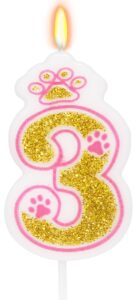 famgift number 3 pink paw birthday candles - 3rd birthday cake topper for boy girl birthday decoration, cartoon themed party supplies