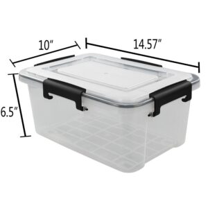 Eagrye 6-Pack 12 Qt Plastic Storage Box with Gasket Seal Lid, Durable Moving Containers with Tight Latch, Weather Proof Tote Bin, Clear/Black