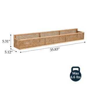 Synovana Boho Long Rattan Wall Shelf Farmhouse Woven Wall Mounted Shelf Basket Organizer Storage Rustic Floating Hanging Wall Shelf for Livingroom Home Decor