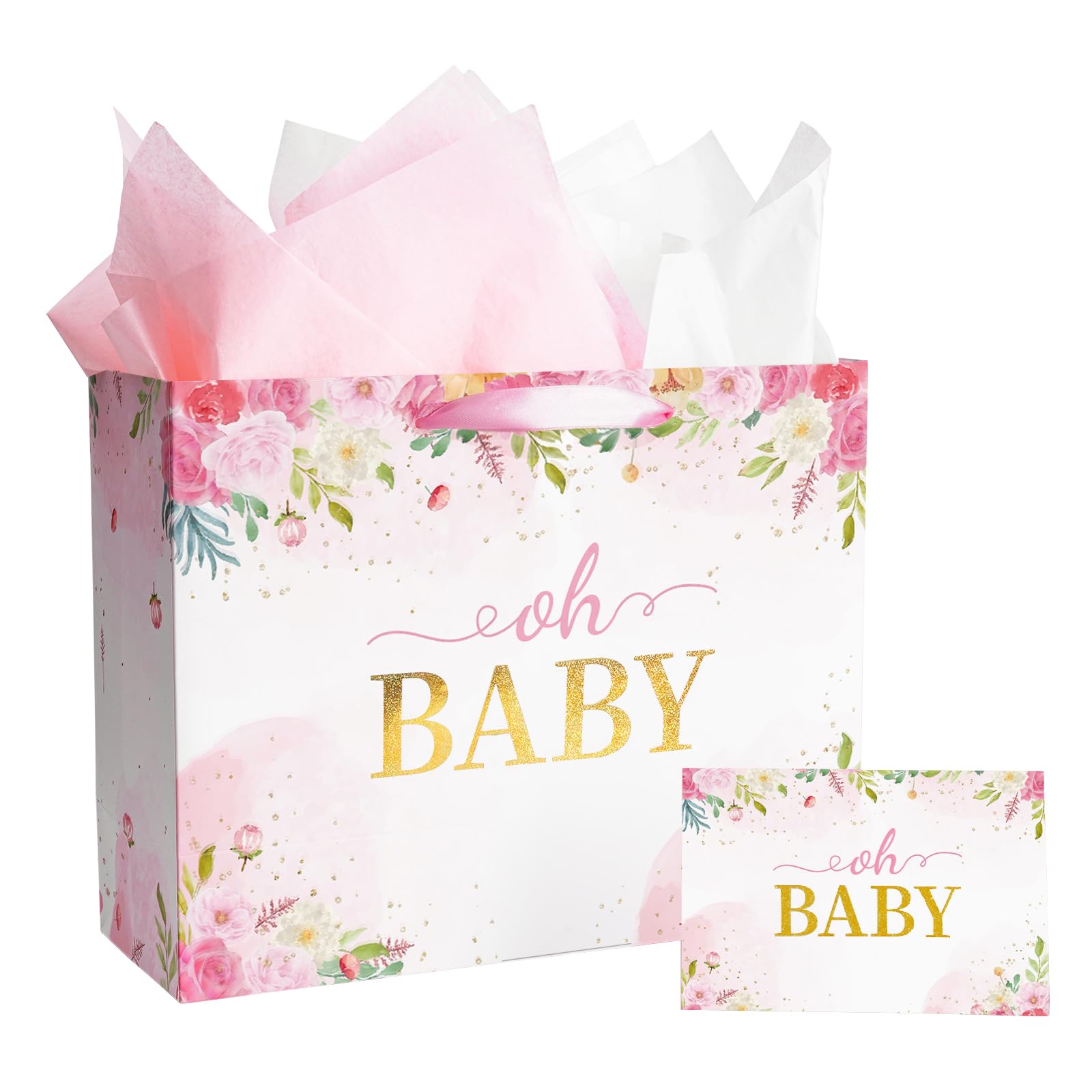 13” Large Baby Gift Bags with Tissue Paper & Greeting Card (oh BABY & Floral), Gift Bags Lager Size for Baby Girl Shower, New Parents, Newborn, 1st Birthday, Gender Reveal Party-Pink