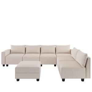 LLappuil Modular Sectional Sofa, Oversized Couches Convertible L Shaped Sofa for Living Room, 7 Seater Breathable Fabric Sofa with 6 Deep Seats and 1 Storage Ottoman, Washable, Removable, Beige