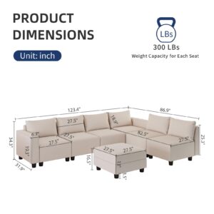 LLappuil Modular Sectional Sofa, Oversized Couches Convertible L Shaped Sofa for Living Room, 7 Seater Breathable Fabric Sofa with 6 Deep Seats and 1 Storage Ottoman, Washable, Removable, Beige