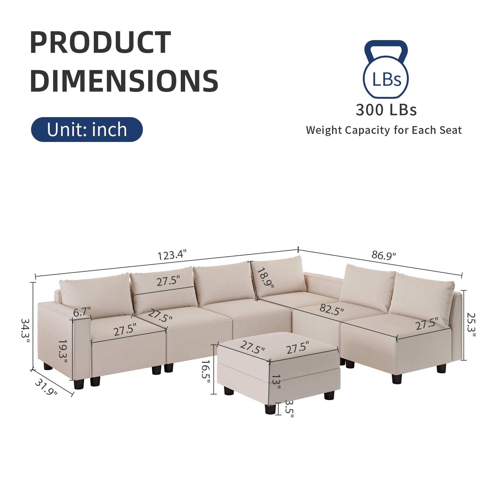 LLappuil Modular Sectional Sofa, Oversized Couches Convertible L Shaped Sofa for Living Room, 7 Seater Breathable Fabric Sofa with 6 Deep Seats and 1 Storage Ottoman, Washable, Removable, Beige