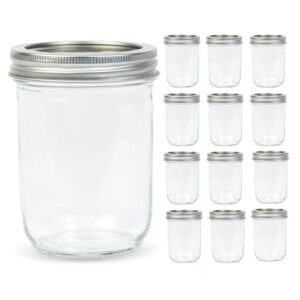 yodecy 12 pack 16 oz wide mouth clear mason jars with silver metal lids, canning jars for overnight oats, food storage, dry food, snacks, candies