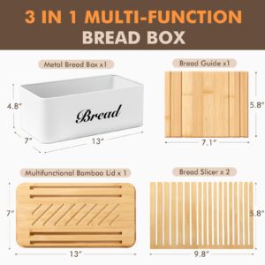 ALPIRIRAL Bread Box with Bread Slicer, White Bread Storage Container for Kitchen Countertop with Multifunction Bamboo Lid, 3 in 1 Breadbox for Loaf Slicing & Tray, Bread Bin Holder for Kitchen Counter