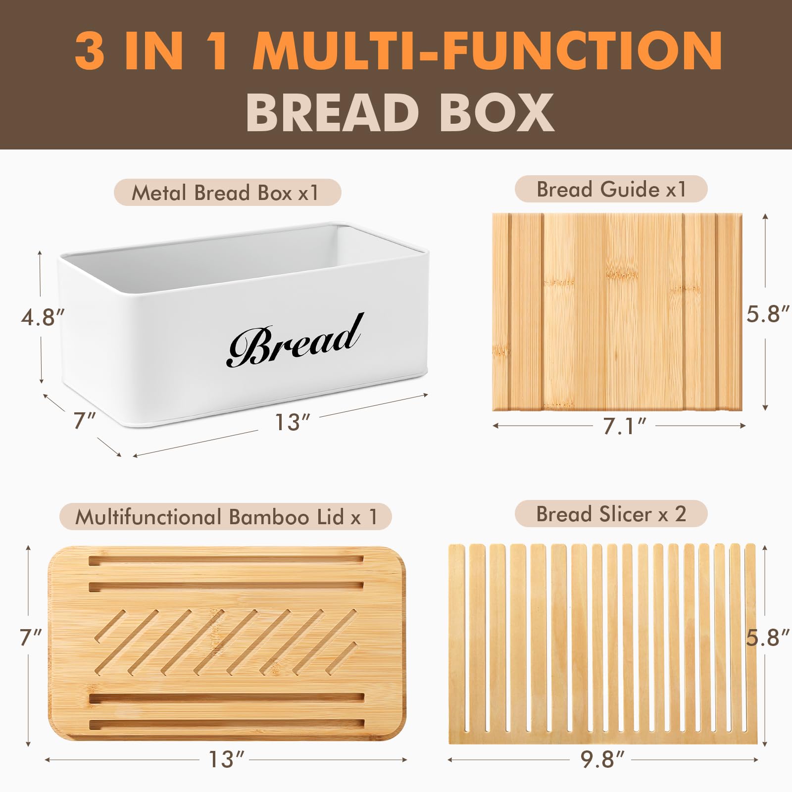 ALPIRIRAL Bread Box with Bread Slicer, White Bread Storage Container for Kitchen Countertop with Multifunction Bamboo Lid, 3 in 1 Breadbox for Loaf Slicing & Tray, Bread Bin Holder for Kitchen Counter