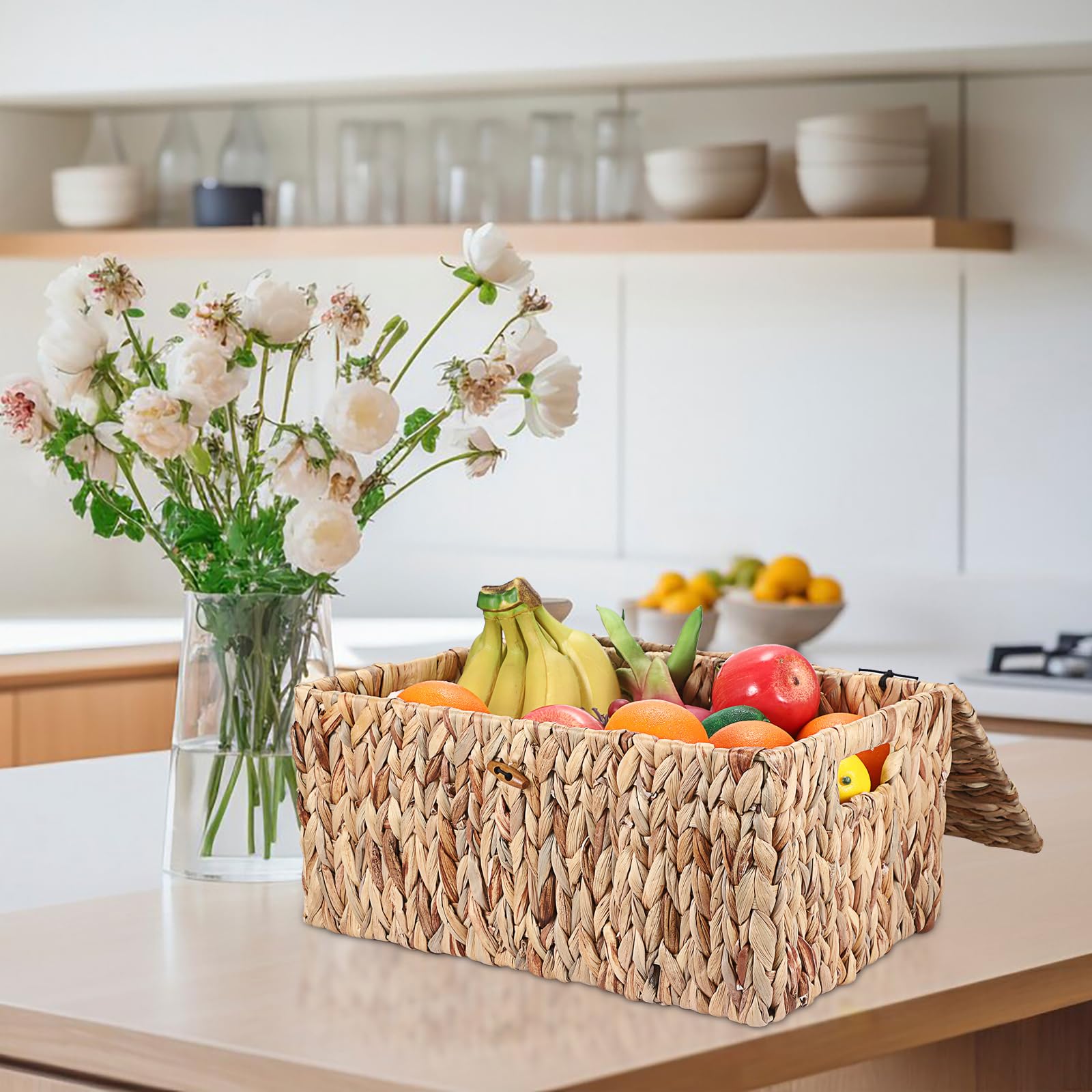 Hipiwe Wicker Storage Bins with Lid, X-Large Handwoven Water Hyacinth Wicker Baskets Rectangular Decorative Shelf Baskets Bin Built-in Handles Household Basket Boxes for Shelf Home Organizing