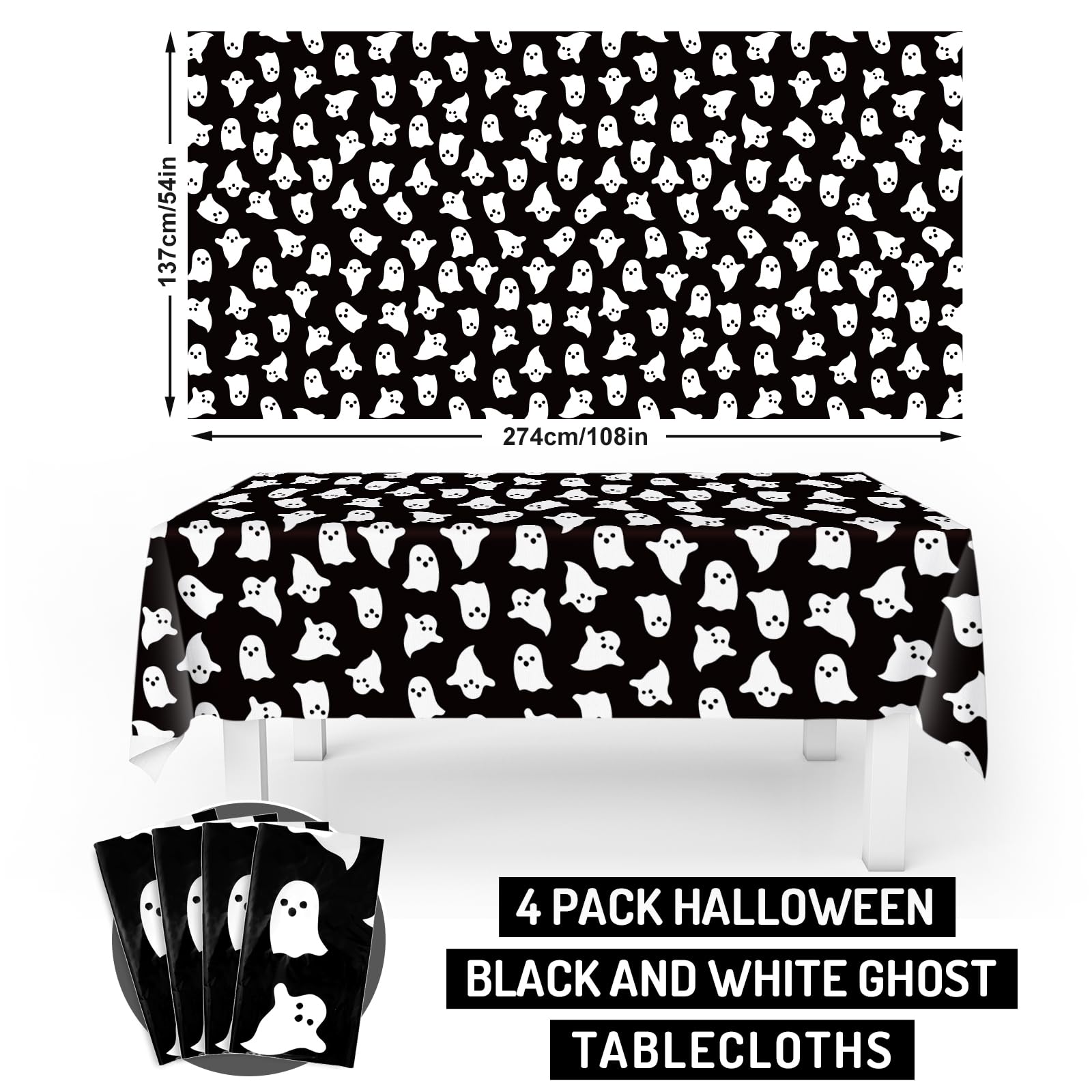 JarThenaAMCS 4Pcs Halloween Plastic Tablecloths White Black Ghost Disposable Table Cover Spooky Rectangle Table Cloth for Halloween Party Table Decor, 54 x 108 Inch