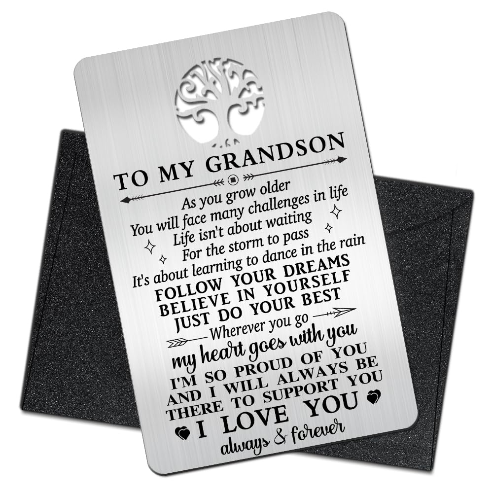 Mhfpl To My Grandson I Love You Wallet Card, Engraved Metal Wallet Insert Card with Love Note from Grandpa Grandma, Inspirational Gifts Graduation Christmas Birthday coming of age Gifts for Grandson