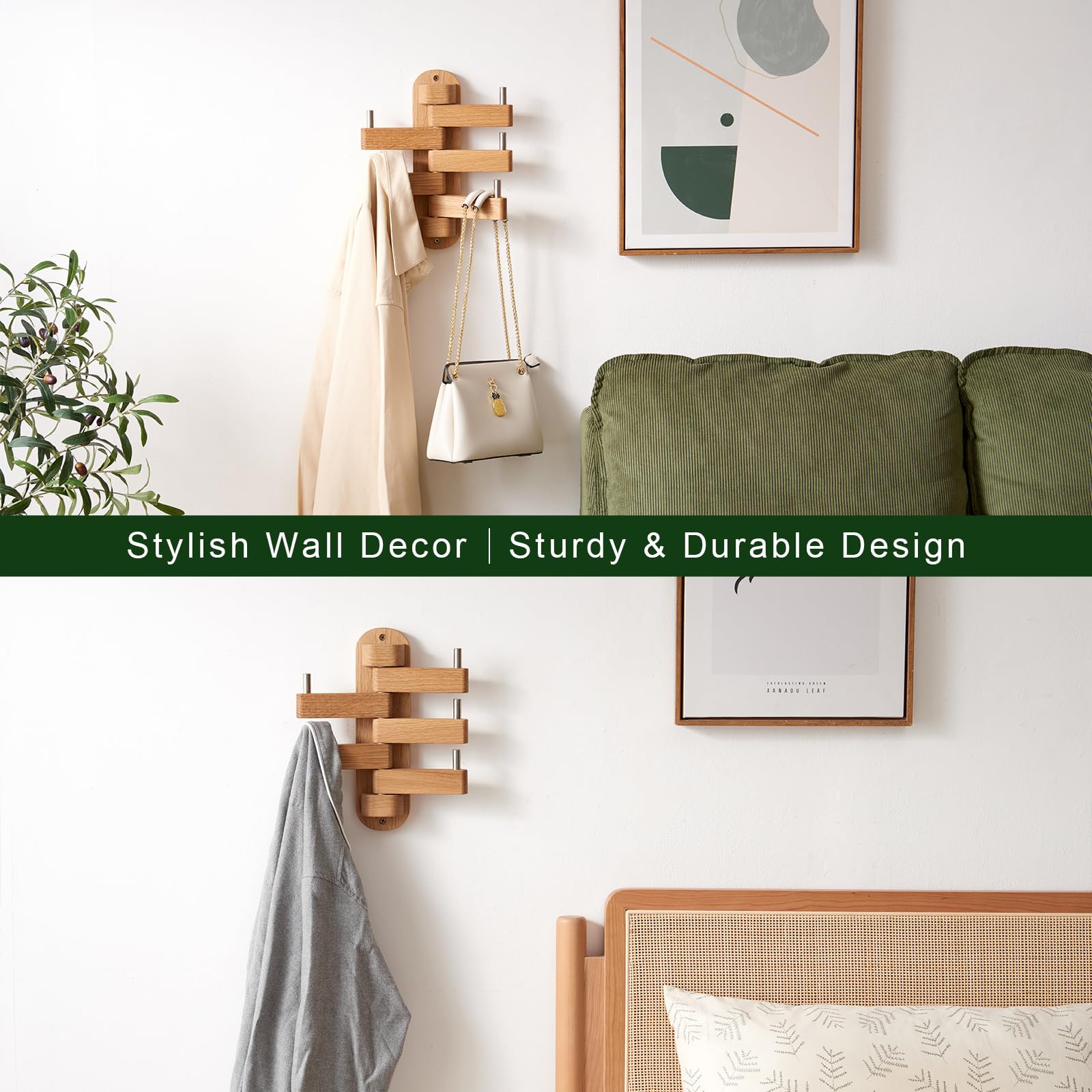 Swivel Coat Hooks for Wall, Oak Wood Coat Rack Wall Mounted Entryway Wall Shelf with 5 Hooks for Bedroom, Entryway, Living Room, Bathroom,Office, Classroom, Heavy Duty (Natural)