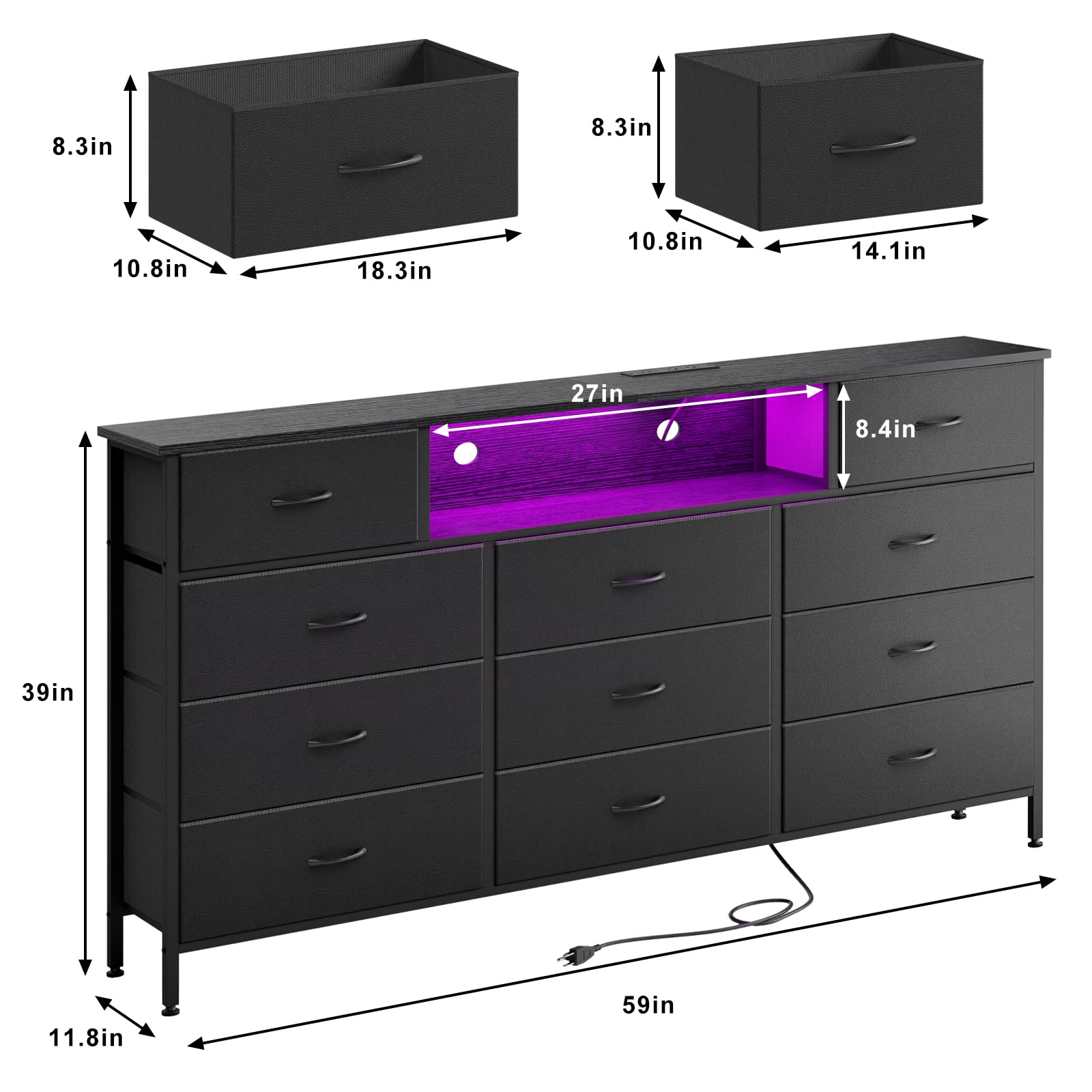 Fixwal Long Dresser for Bedroom with Charging Station and LED Lights, Black Dresser TV Stand with 11 Drawers, Fabric Chest of Drawers with PU Finish for Bedroom, Living Room, Entryway