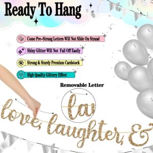 Pre-Strung Love Laughter & Happily Ever After Banner for Wedding Shower Decorations, Gold Glitter Banner Sign with 13FT Heart Streamers Garland for Bachelorette Party Bridal Shower Engagement