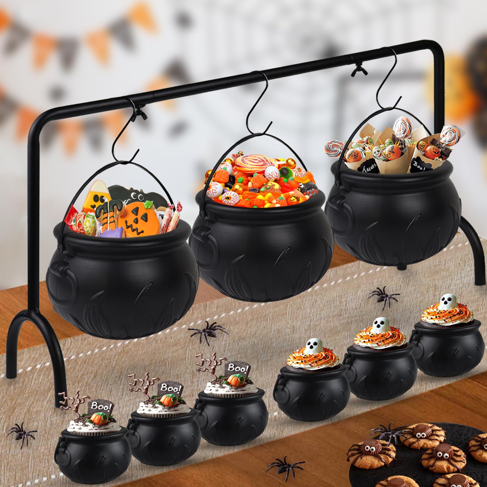 Halloween Cauldrons Serving Bowl Decor, Set of 9 Hanging Black Plastic Cauldron Bowls with Iron Rack, Large and Mini Cauldrons Candy Bucket Punch Bowls for Table Witch Hocus Pocus Party Decorations