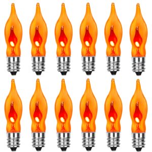 12 pack c18 orange flicker flame light bulbs - 1 watt, 120 volt, e12 candelabra base, flame shaped replacment light bulbs for halloween christmas candles chandeliers outdoor decorative string lights