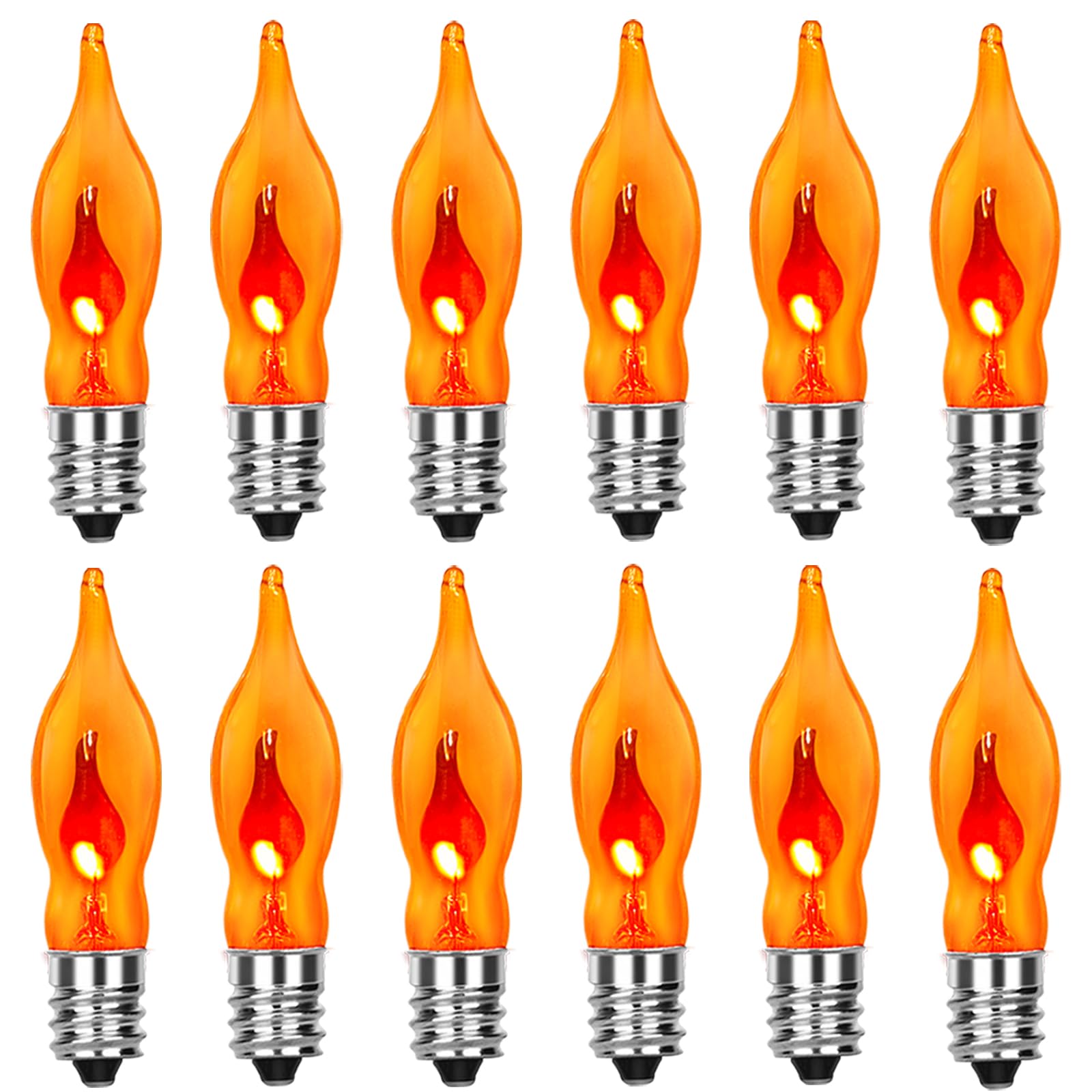 12 Pack C18 Orange Flicker Flame Light Bulbs - 1 Watt, 120 Volt, E12 Candelabra Base, Flame Shaped Replacment Light Bulbs for Halloween Christmas Candles Chandeliers Outdoor Decorative String Lights