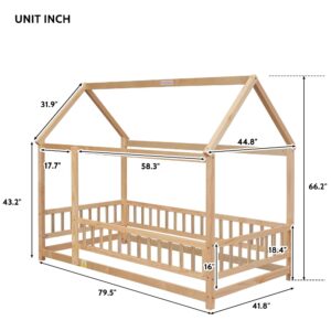 Montessori Floor Bed with House Roof and Safety Guardrails, Twin Size Solid Pine Wood Floor Bed Frame, Full Length Rails Fence for Girls, Boys, Child Bedroom, Kids Playroom (Natural)