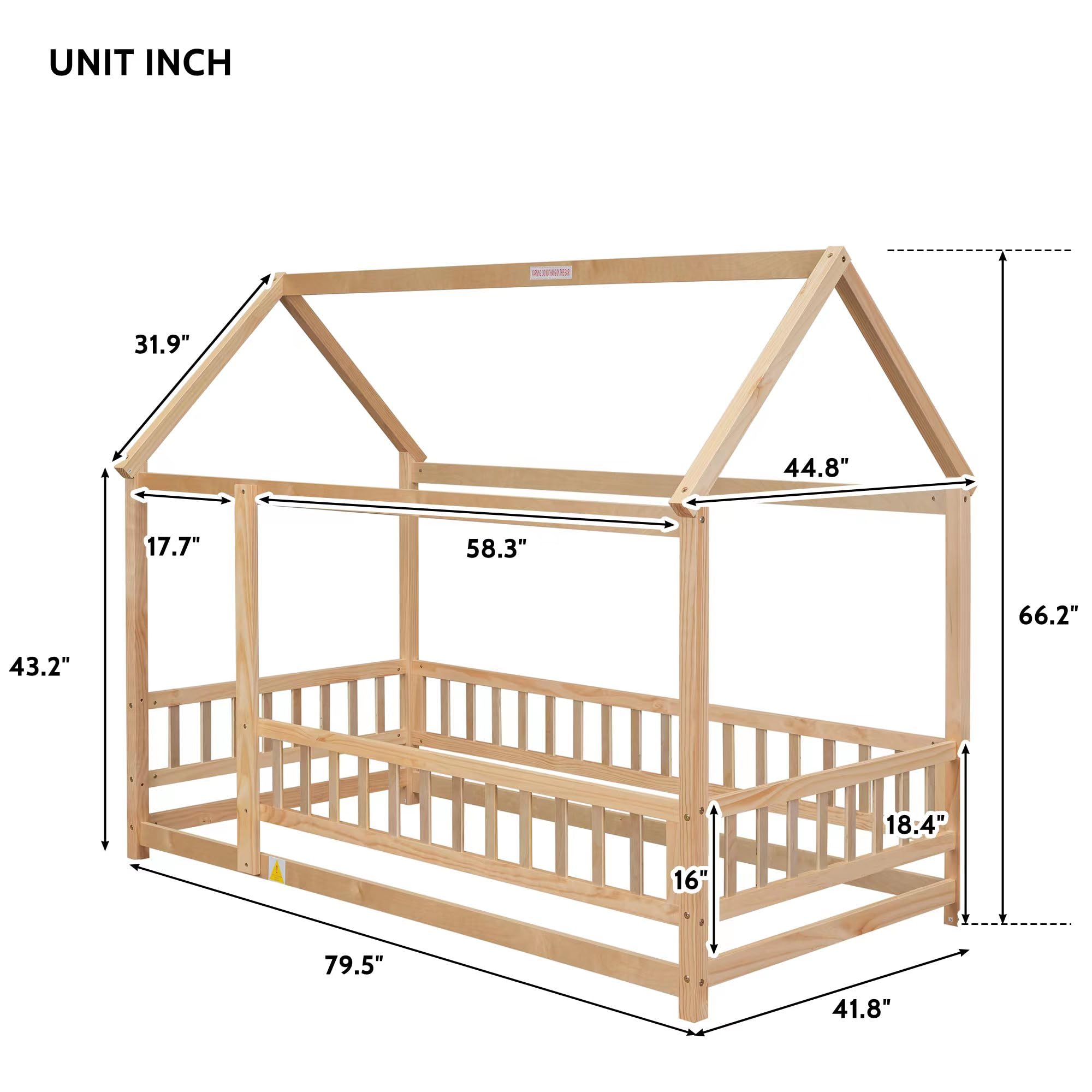 Montessori Floor Bed with House Roof and Safety Guardrails, Twin Size Solid Pine Wood Floor Bed Frame, Full Length Rails Fence for Girls, Boys, Child Bedroom, Kids Playroom (Natural)