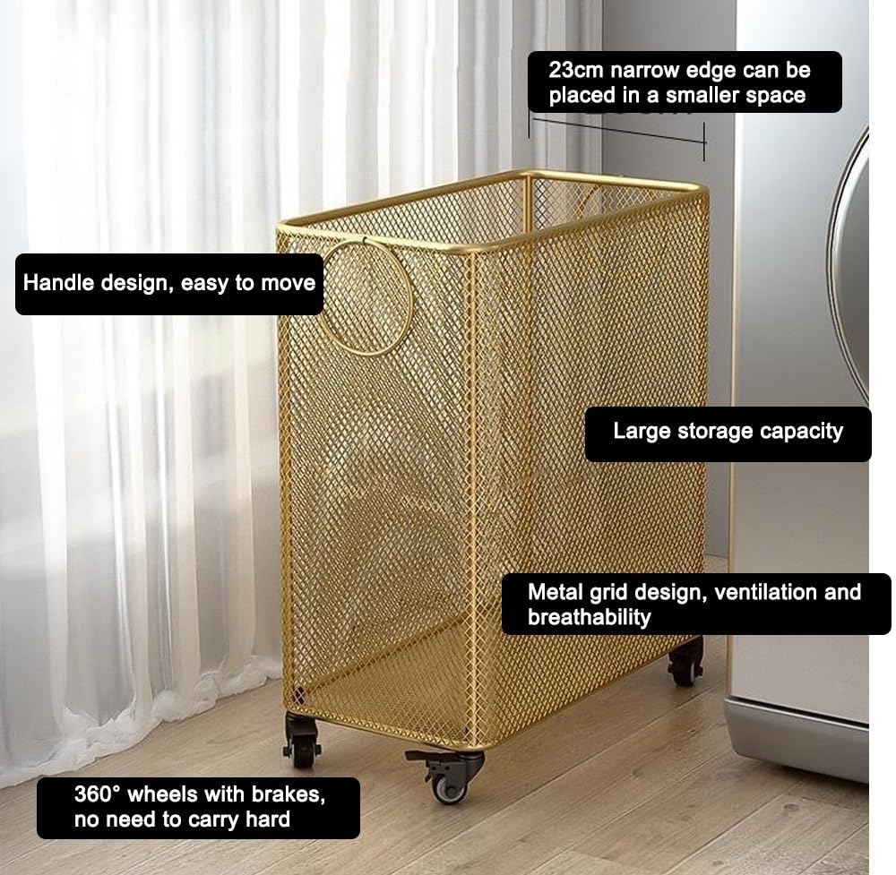 Square Rolling Hamper, Laundry Basket with Wheels and Handle, Metal Laundry Basket with 360° Wheels, Iron Construction and Ventilated Design, Laundry Room Storage Basket(Gold)