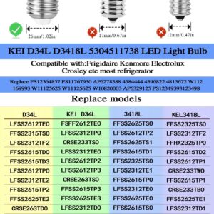 LED Refrigerator Light Bulb KEI D34L Refrigerator Bulb Replacement ac 100-265v 3.5w Freezer Lamp for Frigidaire Fridge, KEI D34C 40w Equivalent E26 LED Appliance Lighting, White Light, 2-Pack