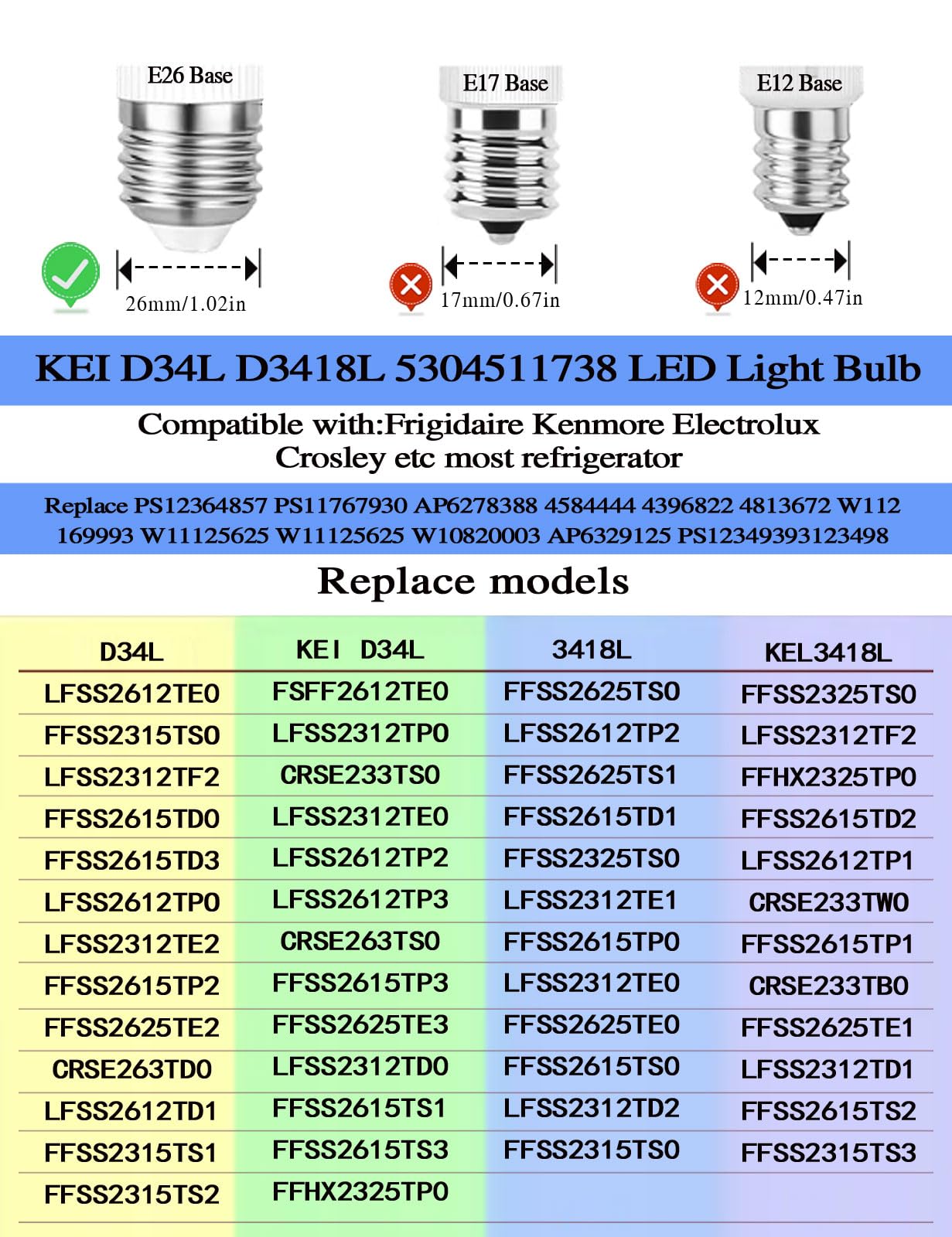 LED Refrigerator Light Bulb KEI D34L Refrigerator Bulb Replacement ac 100-265v 3.5w Freezer Lamp for Frigidaire Fridge, KEI D34C 40w Equivalent E26 LED Appliance Lighting, White Light, 2-Pack