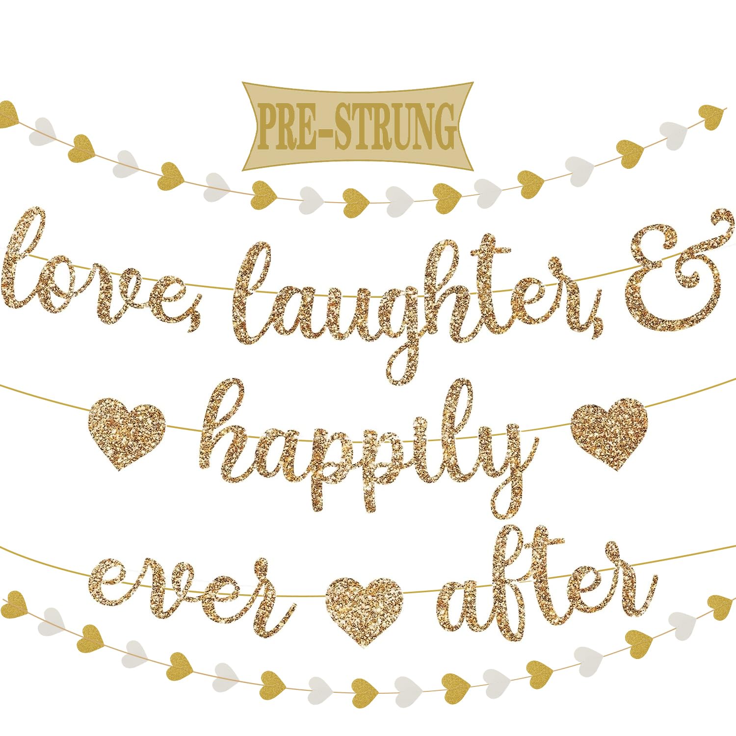 Pre-Strung Love Laughter & Happily Ever After Banner for Wedding Shower Decorations, Gold Glitter Banner Sign with 13FT Heart Streamers Garland for Bachelorette Party Bridal Shower Engagement