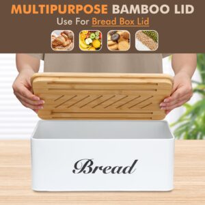 ALPIRIRAL Bread Box with Bread Slicer, White Bread Storage Container for Kitchen Countertop with Multifunction Bamboo Lid, 3 in 1 Breadbox for Loaf Slicing & Tray, Bread Bin Holder for Kitchen Counter