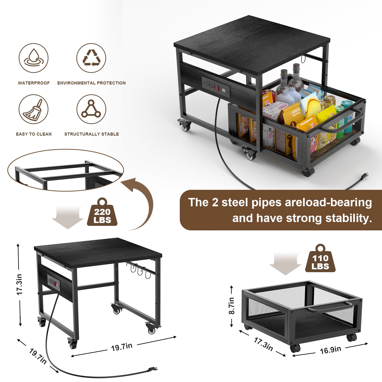 Mini Fridge Stand with Storage and Wheels, Heavy Duty Mini Fridge Table with Power Outlets for 220LBS Refrigerator, Rolling Fridge Cart with Large Capacity Drawer for Dorm,Office,Bedroom (Black)