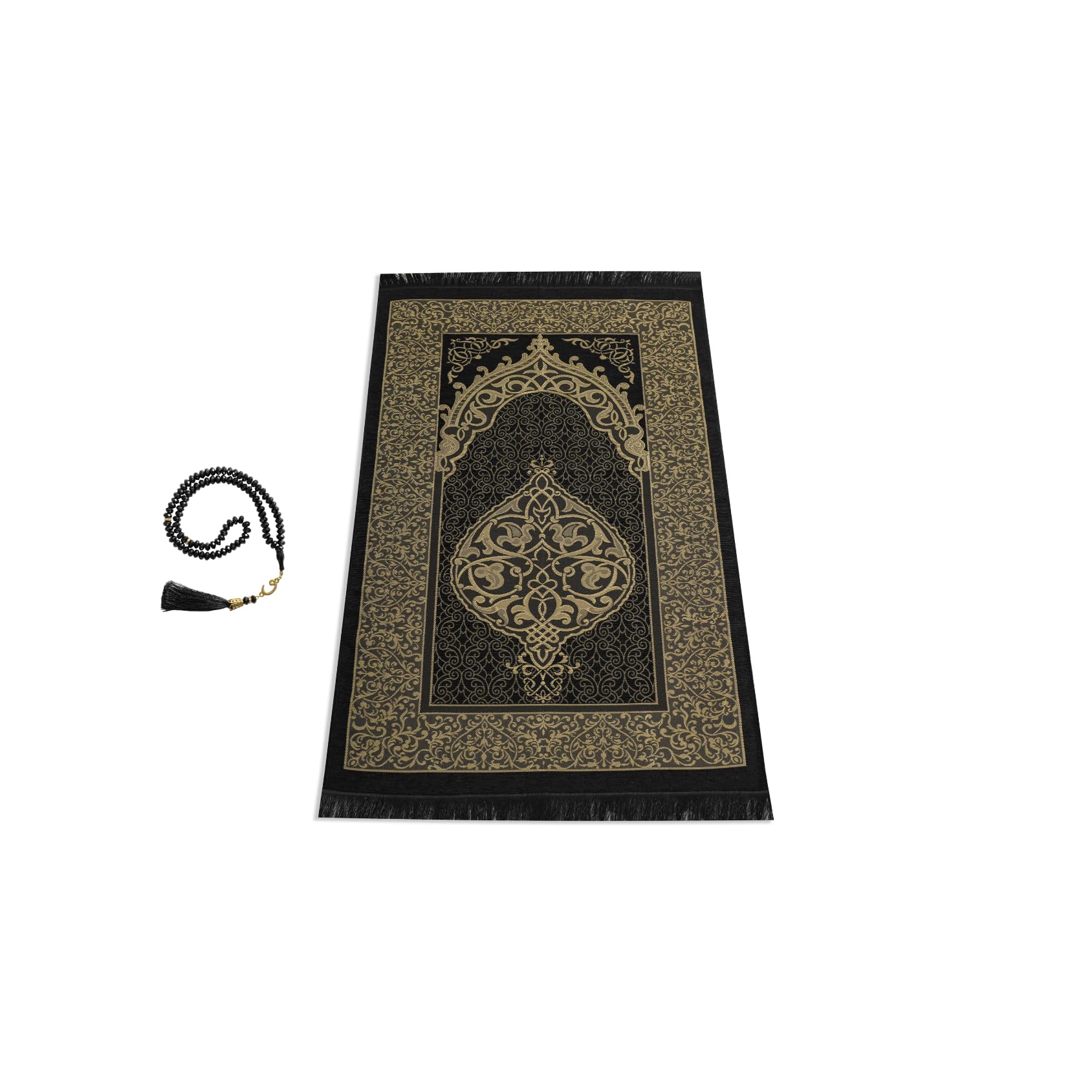 SUMELA Muslim Prayer Rug with Prayer Beads - Prayer Mat, Prayer Rug, Prayer Matt Islam, Islamıc Prayer Mat, Travel Prayer Mat, Tasbih Prayer Beads, Islamic Gifts, 99 Prayer Beads Included (Black)