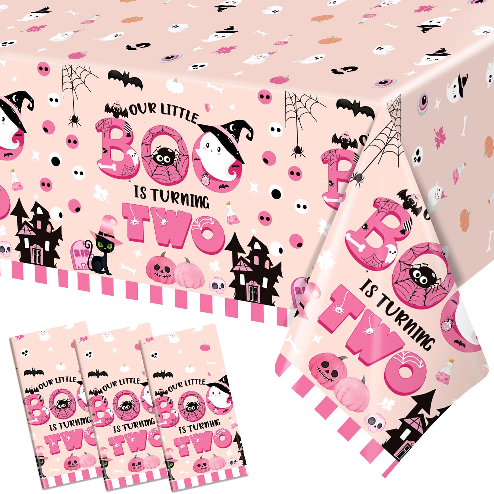 Yavxzvbw 3Pcs Boo I'm Two Decor Birthday Pink Halloween Tablecloth Halloween Birthday Party Decorations Girl for Halloween 2nd Birthday Decorations Boo Birthday Party Supplies