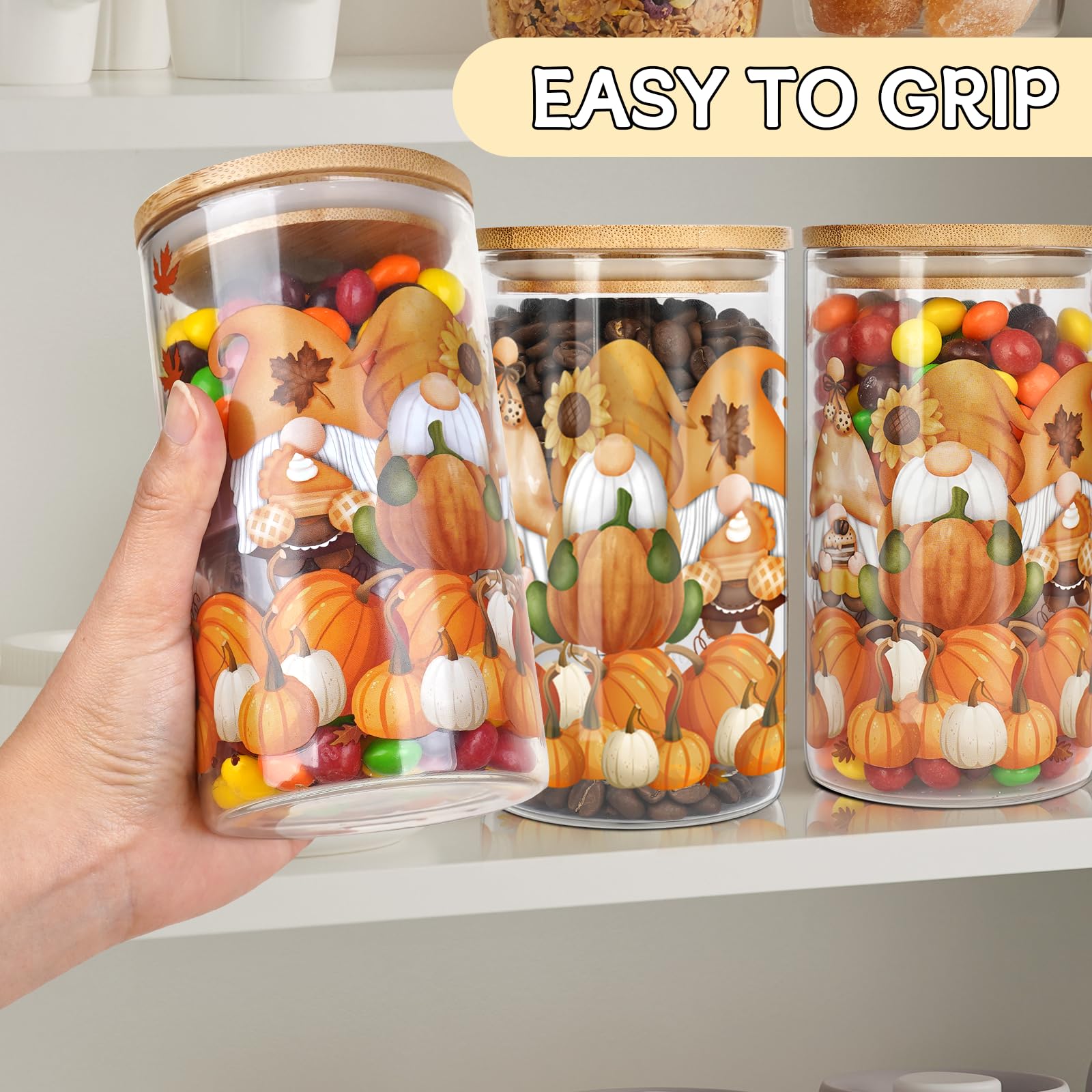 ANOTION Glass Storage Jars with Lids - Fall Gnomes Glass Jars 18oz Glass Food Storage Containers for Kitchen Storage, Pantry, Canning Jars for Storage Cookie, Sugar, Candy, Tea, Coffee, 3 Packs