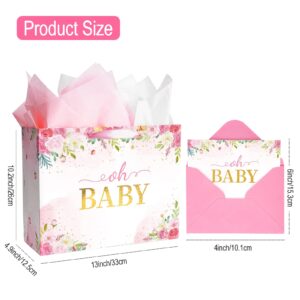 13” Large Baby Gift Bags with Tissue Paper & Greeting Card (oh BABY & Floral), Gift Bags Lager Size for Baby Girl Shower, New Parents, Newborn, 1st Birthday, Gender Reveal Party-Pink