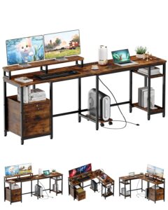 l shaped office desk, 67" home office desk with file drawer & power outlet, gaming desk with mobile cpu stand, corner computer desk with monitor shelf, printer storage shelves, two person desk, brown