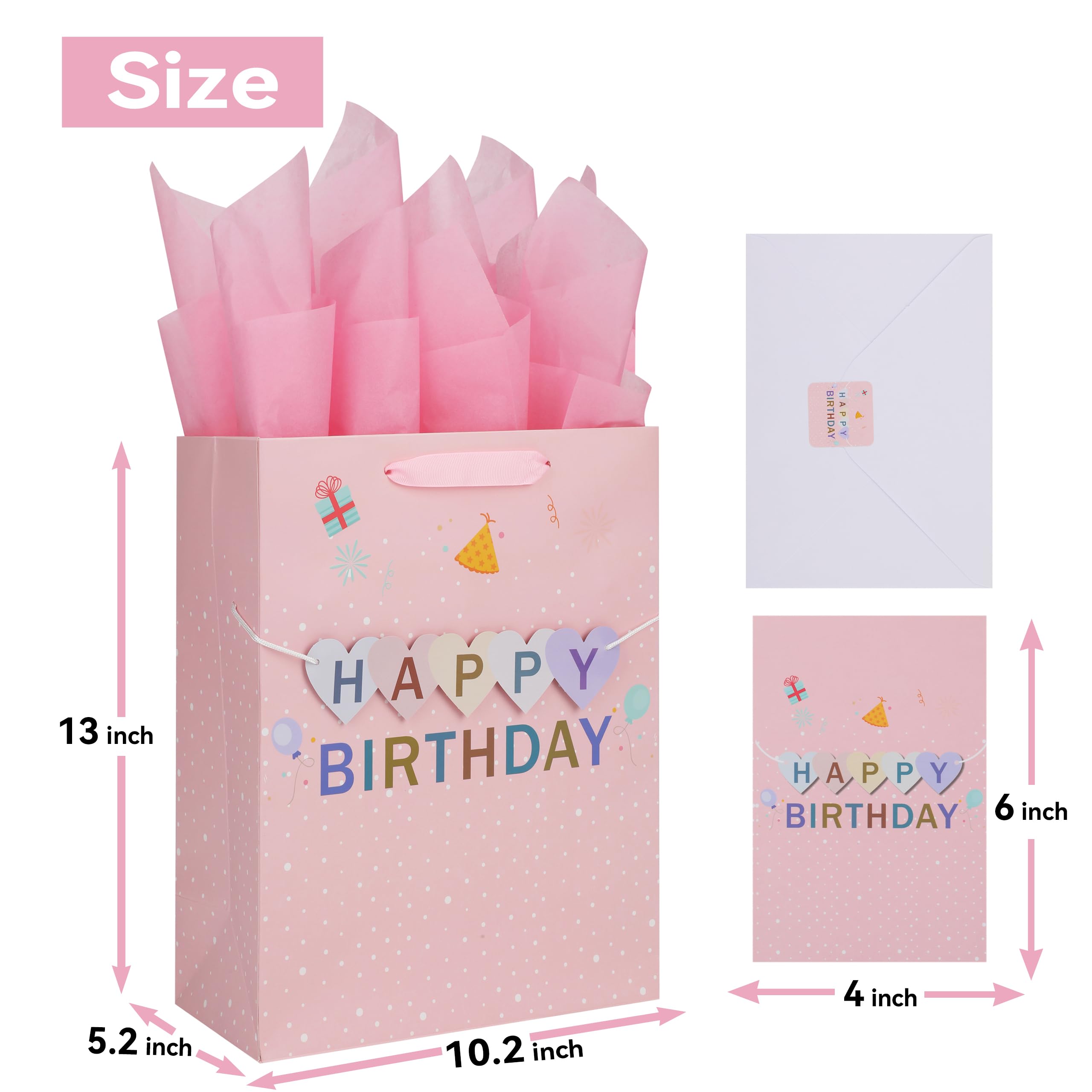 13" Large Pink Gift Bag Set with Greeting Card and Tissue Papers (3D 'Happy' Design) Women's Birthday Party, Girls', or Kids' Parties, Baby Shower - 10.2”x5.2”x13”, 1 Pcs.