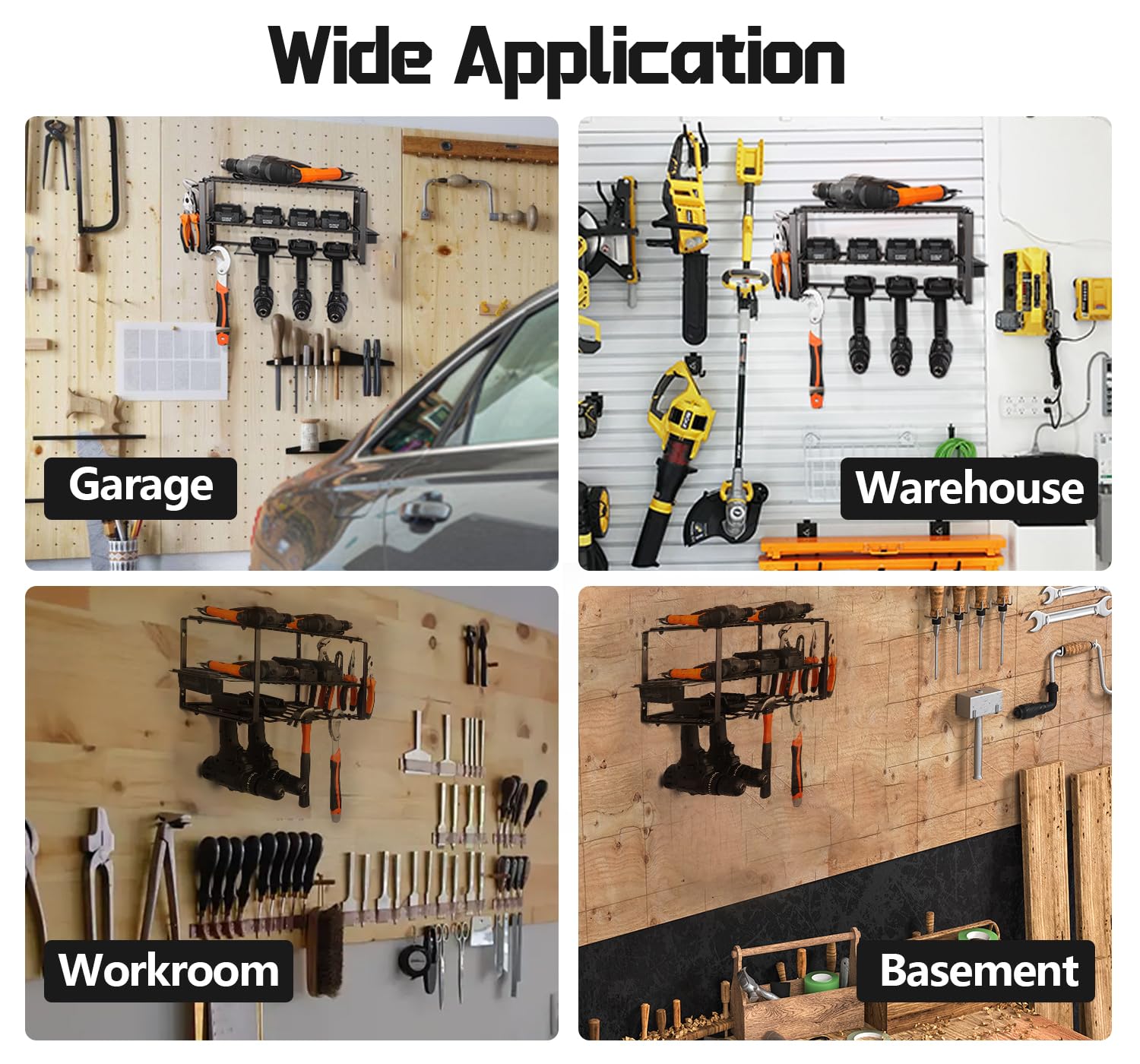 WiseWater Power Tool Organizer with Charging Station, 4 Slot Drill Holder Wall Mount, Tool Shelf and Storage Rack with Screwdriver/Pliers/Hammer Holder for Garage Cordless Power Tools Organization