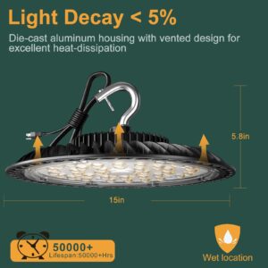 ACOHOOK 300W UFO LED High Bay Light, 45000lm (Eqv.1200W MH/HPS) High Bay LED Shop Lights, 5000K US Plug Commercial Warehouse/Workshop/Wet Location Area Light -6Pack