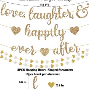 Pre-Strung Love Laughter & Happily Ever After Banner for Wedding Shower Decorations, Gold Glitter Banner Sign with 13FT Heart Streamers Garland for Bachelorette Party Bridal Shower Engagement