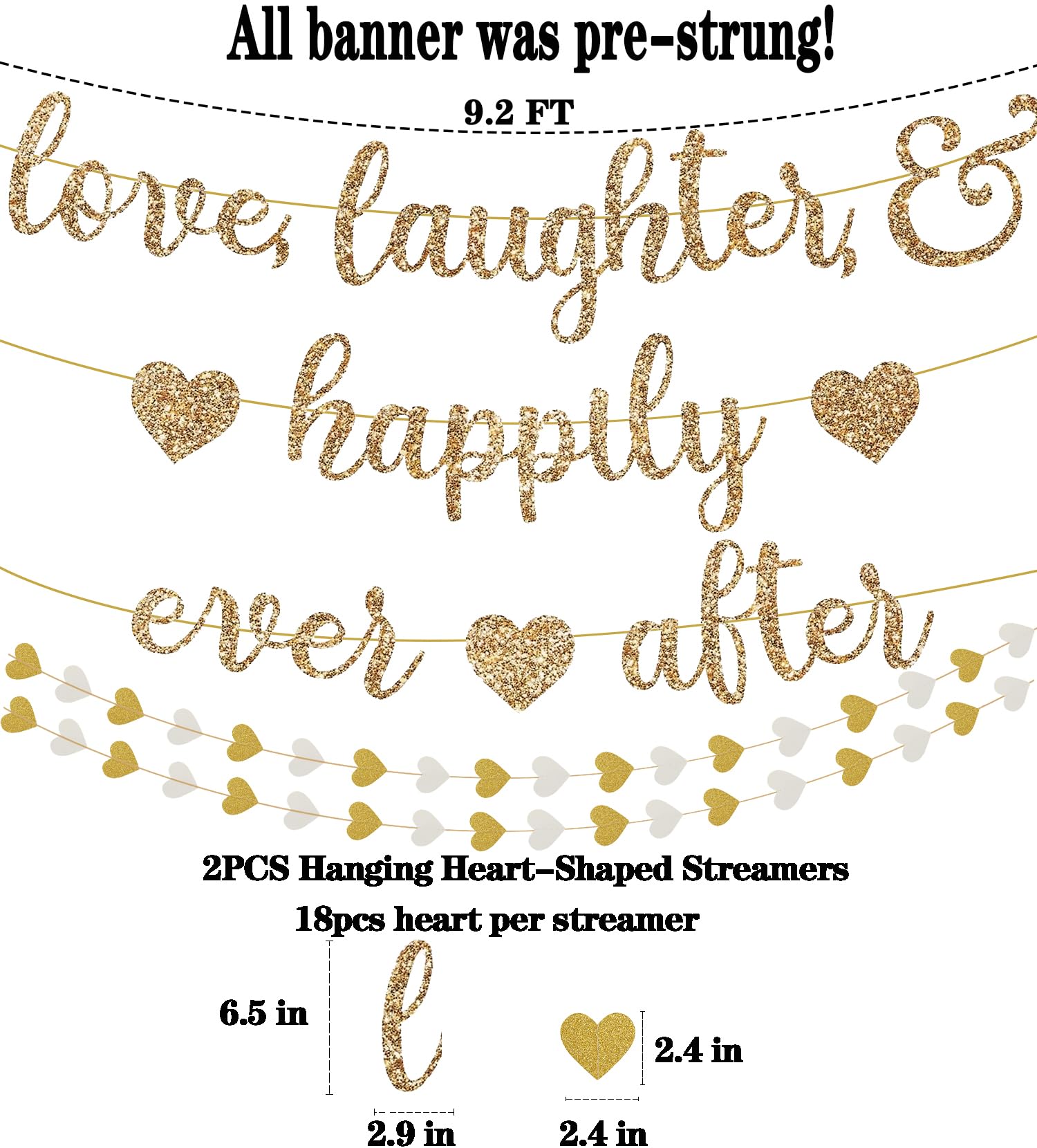 Pre-Strung Love Laughter & Happily Ever After Banner for Wedding Shower Decorations, Gold Glitter Banner Sign with 13FT Heart Streamers Garland for Bachelorette Party Bridal Shower Engagement