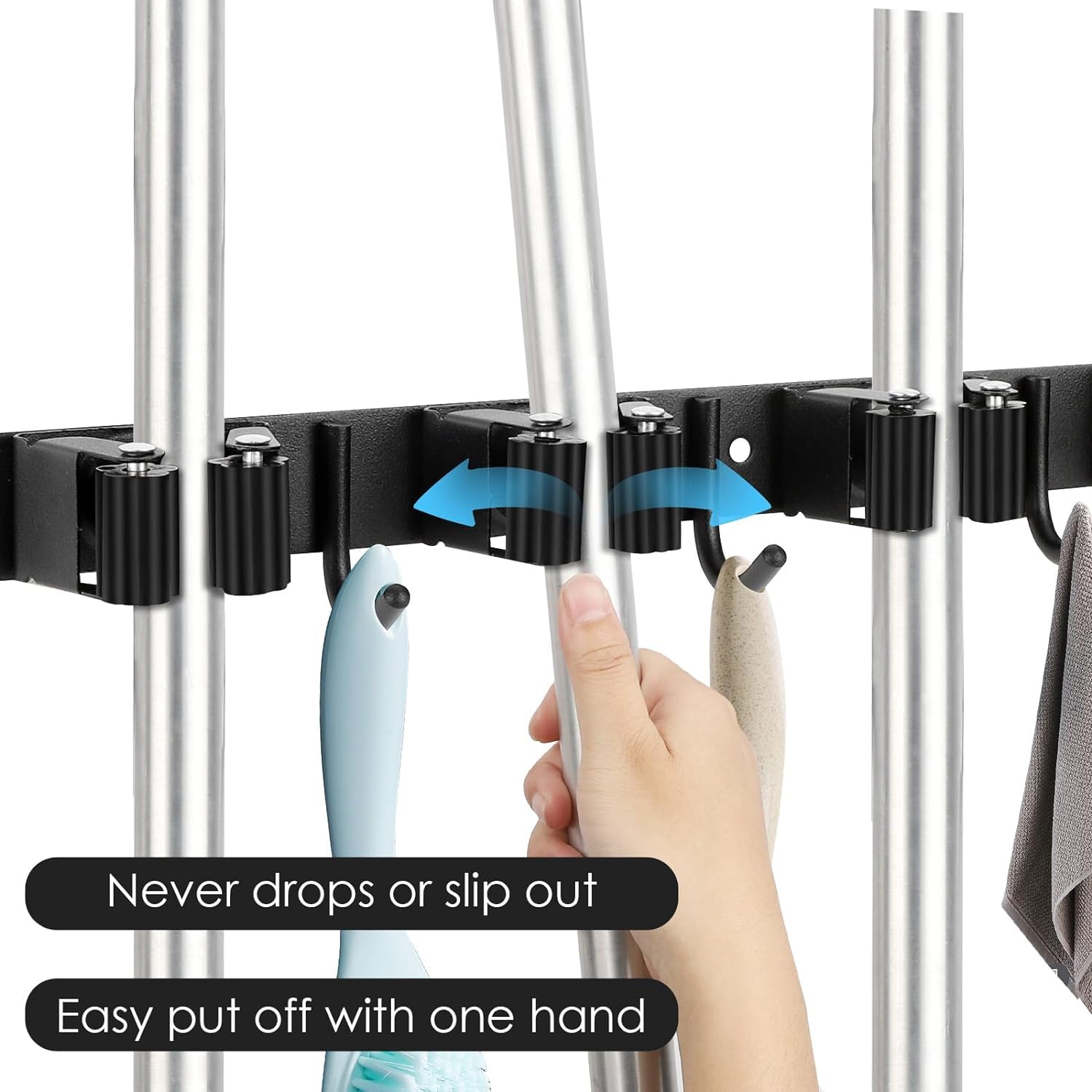 lazycozy® Broom Holder Wall Mount, Mop and Broom Organizer Wall Hanging, 5 Clamps and 4 Hooks + 2 Independent Clamps, Tool Storage Utility Rack for Home Kitchen Garden Laundry Garage