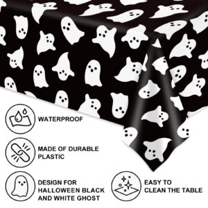 JarThenaAMCS 4Pcs Halloween Plastic Tablecloths White Black Ghost Disposable Table Cover Spooky Rectangle Table Cloth for Halloween Party Table Decor, 54 x 108 Inch