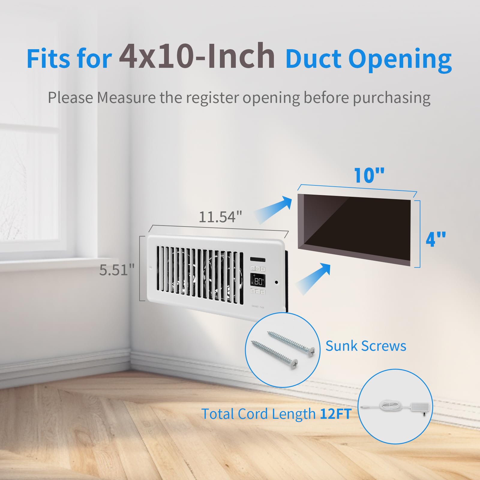 SANYCASA 4 x10'' Super Quiet Vent Fan Booster, Register Booster Fan with Precision Thermostat Control - Ac Vent Booster Fan for Floor to Heating and Cooling - White Upgraded